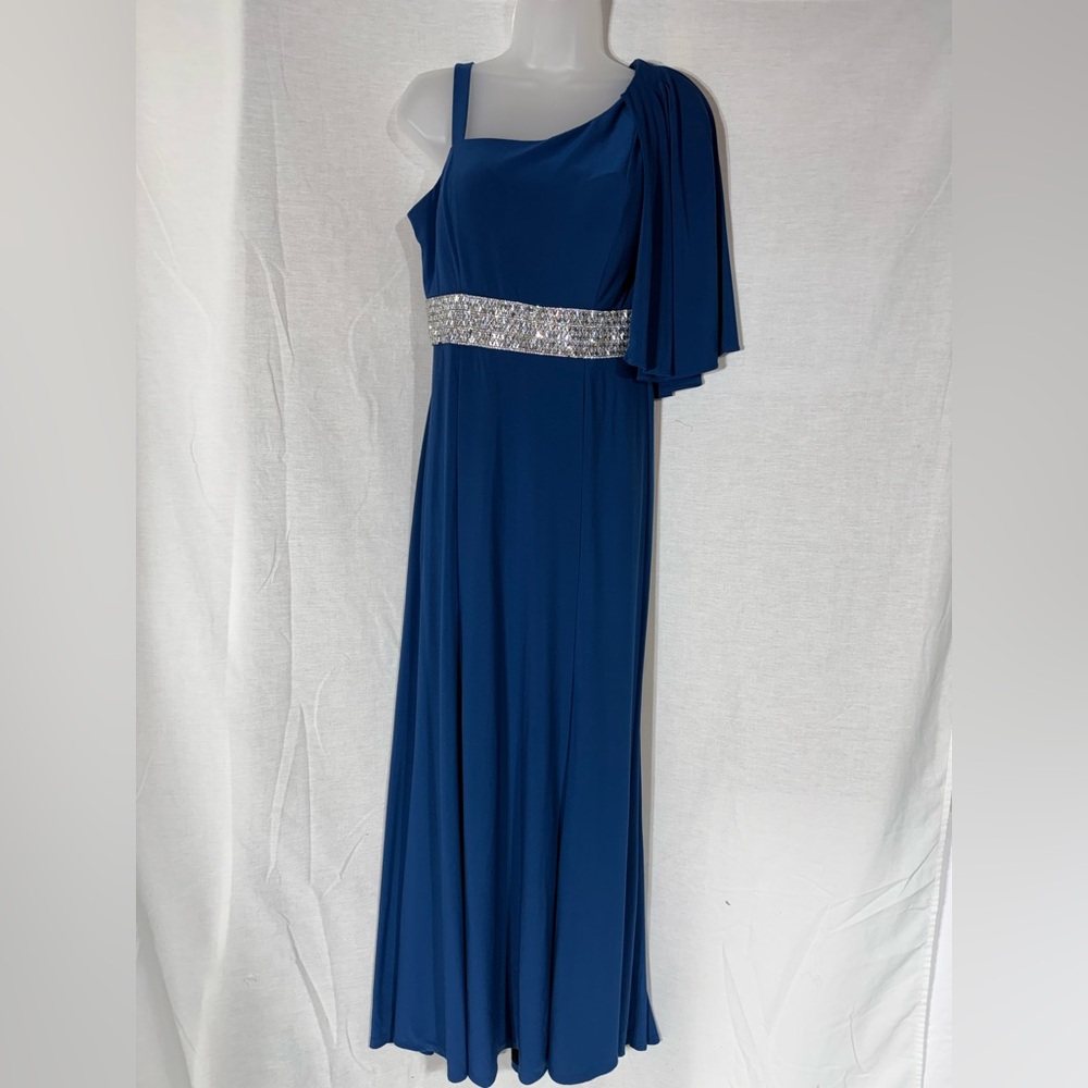 R & M Richards Royal Blue One-Shoulder Evening Gown with Rhinestone Waist